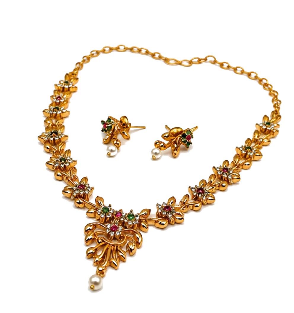 Antique Gold Floral & Pearl Necklace Set